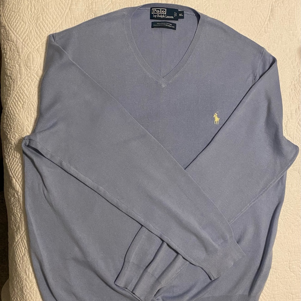 Blue Polo V-neck Sweater with Yellow Horse. XL. Smoke free home.